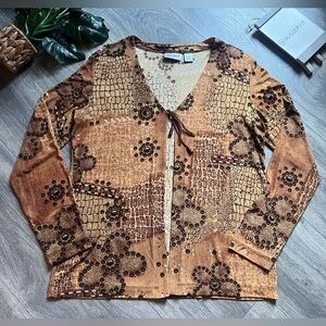 Chico's Travelers Bohemian Neutral Floral & Animal Print Tie Front Cardigan Sz 8